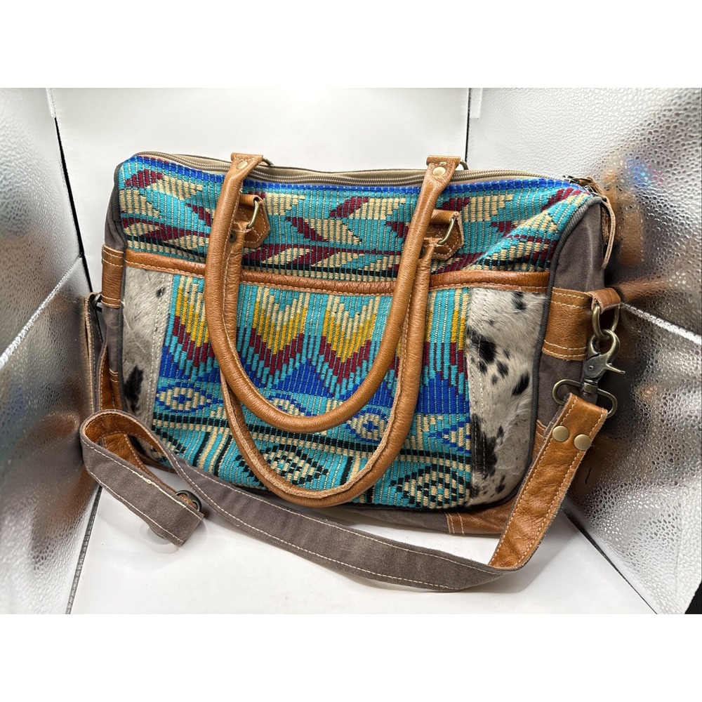 Myra Purse Aztec Southwest Design w Cow Print Cotton & Leather Messenger Bag